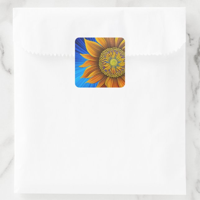 Rustic Sunny Sunflower on Blue Square Sticker (Bag)