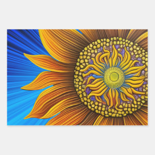 Rustic Sunny Sunflower on Blue Wrapping Paper Sheet