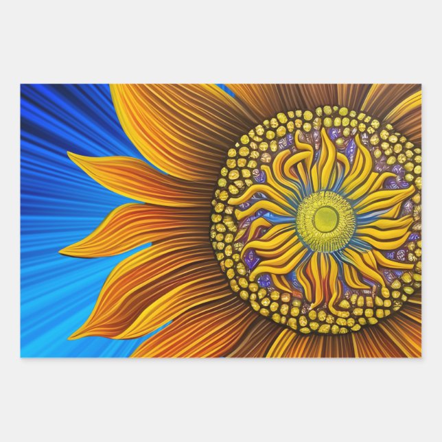 Rustic Sunny Sunflower on Blue Wrapping Paper Sheet (Front)