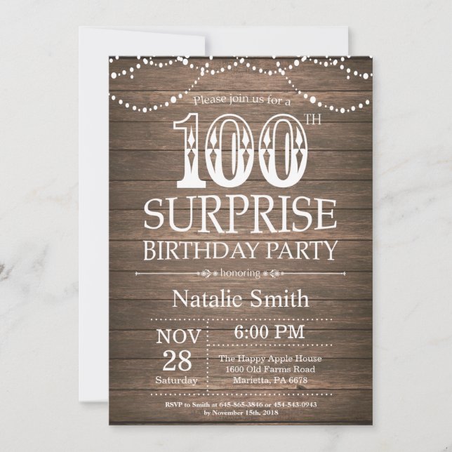 Rustic Surprise 100th Birthday Invitation (Front)