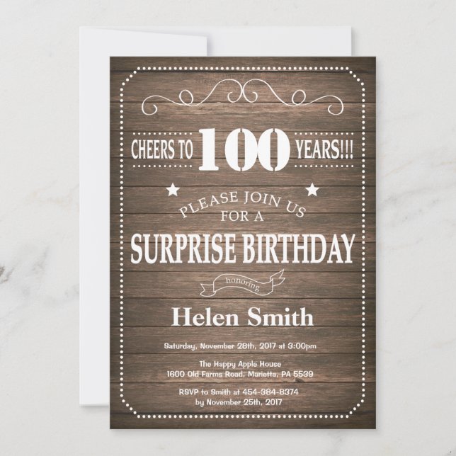 Rustic Surprise 100th Birthday Invitation (Front)