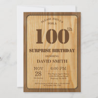 Rustic Surprise 100th Birthday Invitation Wood