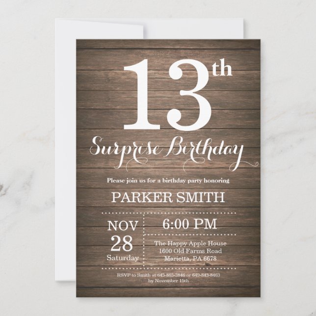 Rustic Surprise 13th Birthday Invitation (Front)
