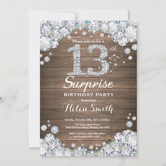 Rustic Surprise 13th Birthday Silver Diamond Invitation (Front)