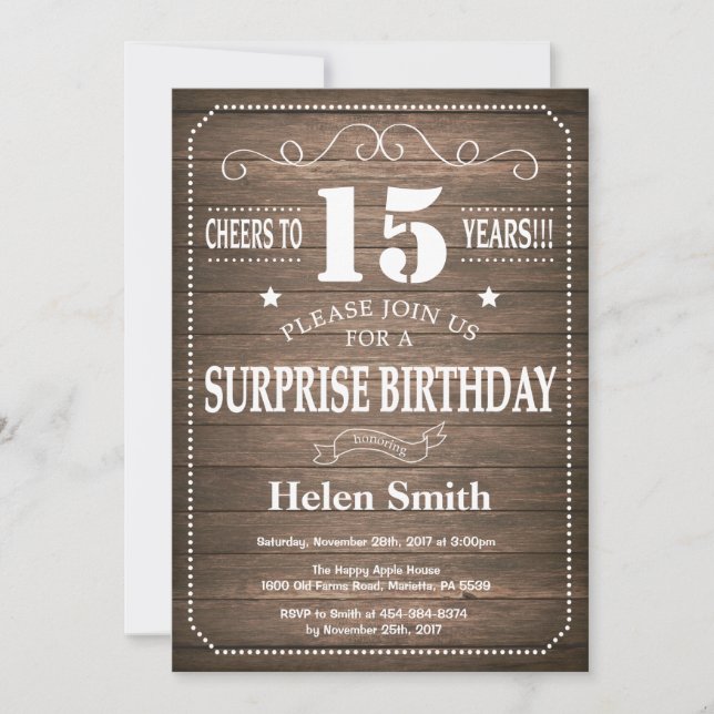Rustic Surprise 15th Birthday Invitation (Front)
