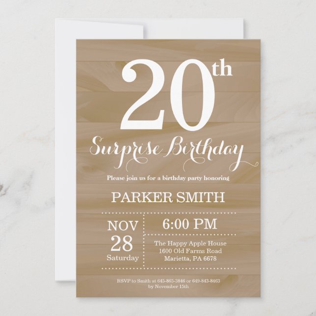Rustic Surprise 20th Birthday Invitation (Front)