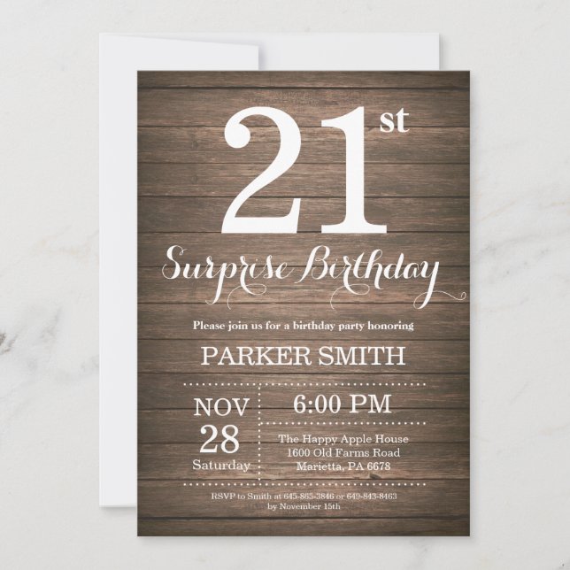 Rustic Surprise 21st Birthday Invitation (Front)