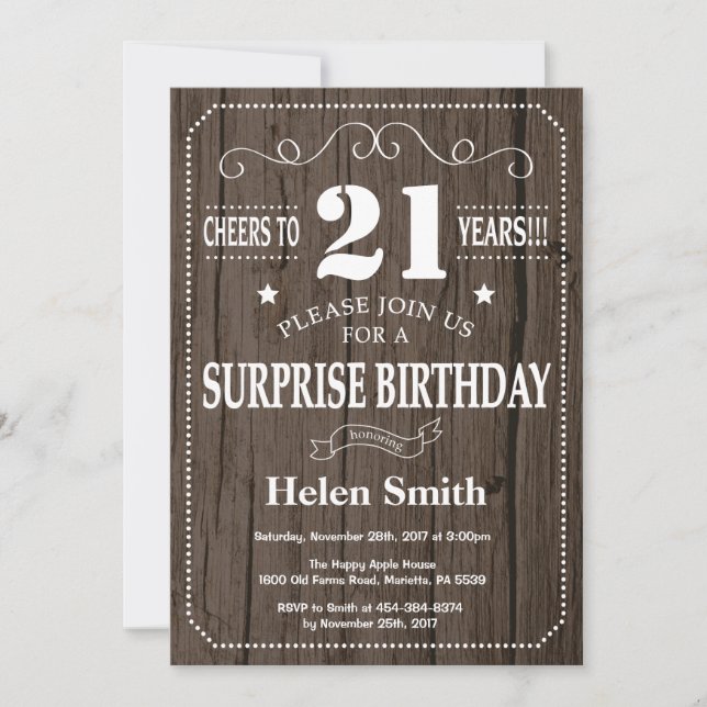 Rustic Surprise 21st Birthday Invitation (Front)