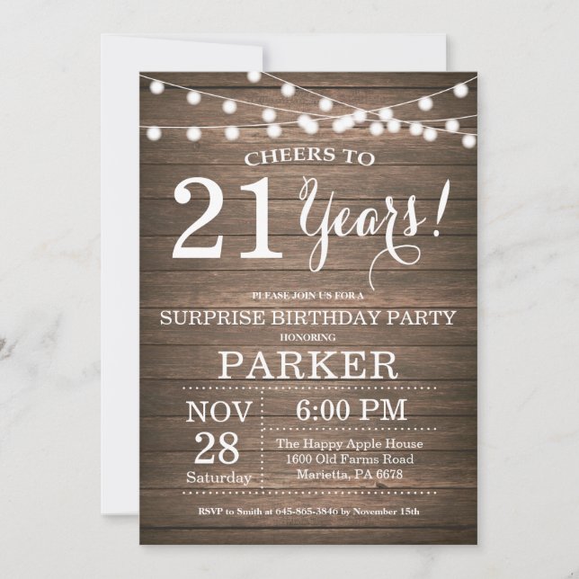 Rustic Surprise 21st Birthday Invitation Wood (Front)