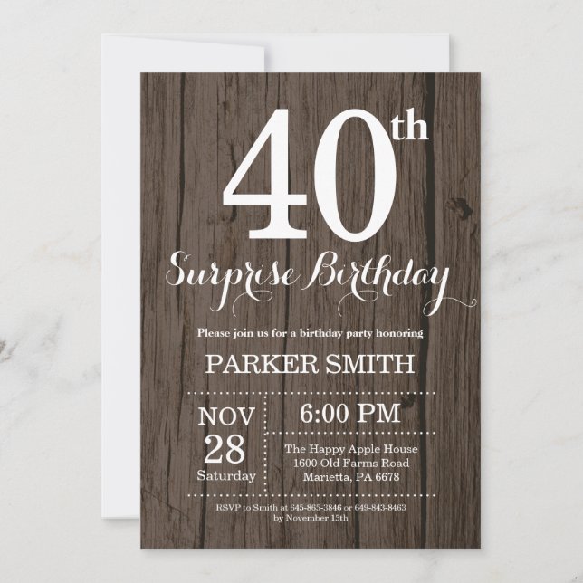 Rustic Surprise 40th Birthday Invitation (Front)