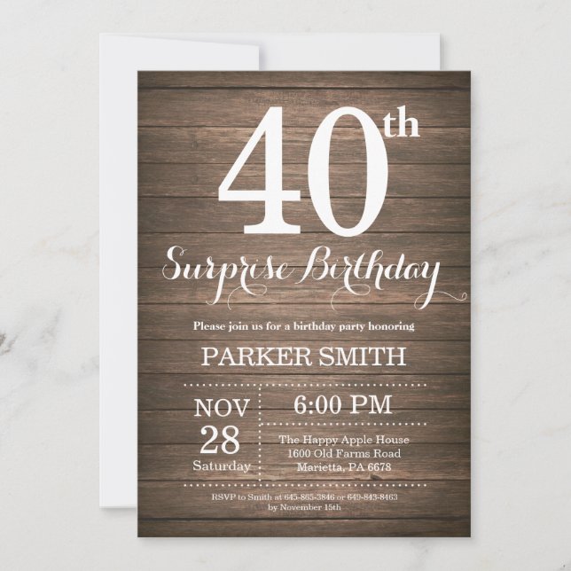 Rustic Surprise 40th Birthday Invitation (Front)