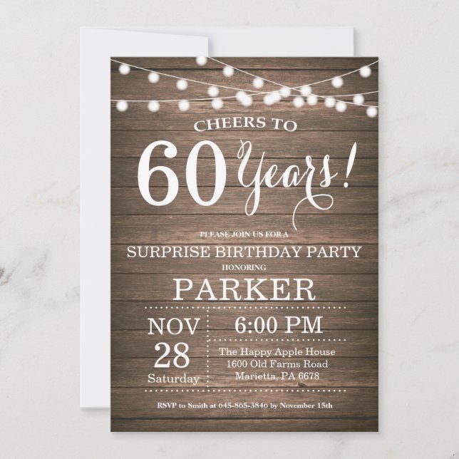 Rustic Surprise 60th Birthday Invitation Wood (Front)