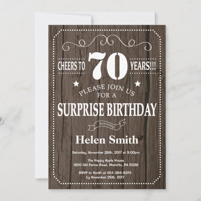 Rustic Surprise 70th Birthday Invitation (Front)