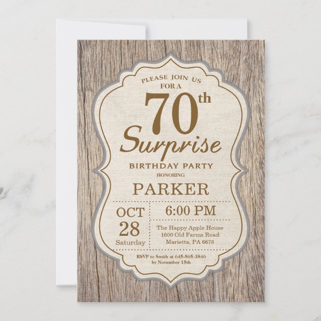 Rustic Surprise 70th Birthday Invitation Wood (Front)