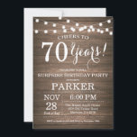 Rustic Surprise 70th Birthday Invitation Wood<br><div class="desc">Rustic Surprise 70th Birthday Invitation Wood Background with String Lights. 13th 15th 16th 18th 20th 21st 30th 40th 50th 60th 70th 80th 90th 100th, Any age. Adult Birthday. Woman or Man Male Birthday Party. For further customisation, please click the "Customise it" button and use our design tool to modify this...</div>