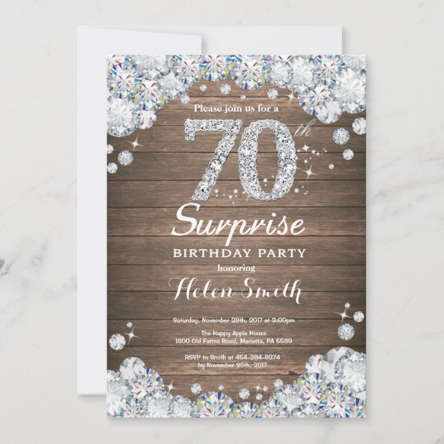 Rustic Surprise 70th Birthday Silver Diamond Invitation (Front)