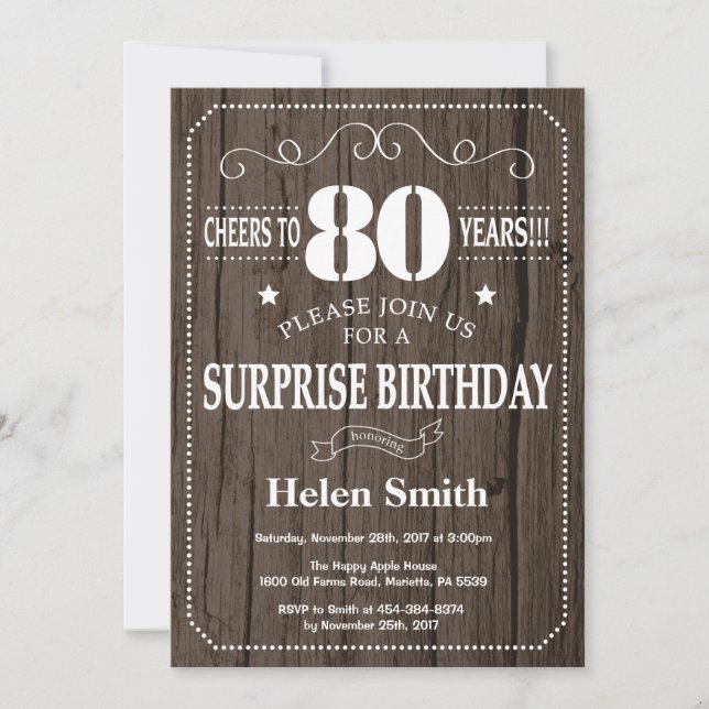 Rustic Surprise 80th Birthday Invitation (Front)