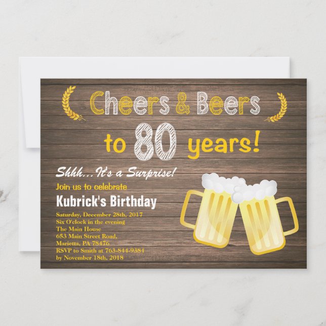 Rustic Surprise Cheers and Beers 80th Birthday Invitation (Front)