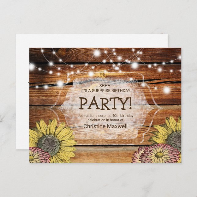 Rustic Surprise Sunflower 40th Birthday Postcard (Front/Back)