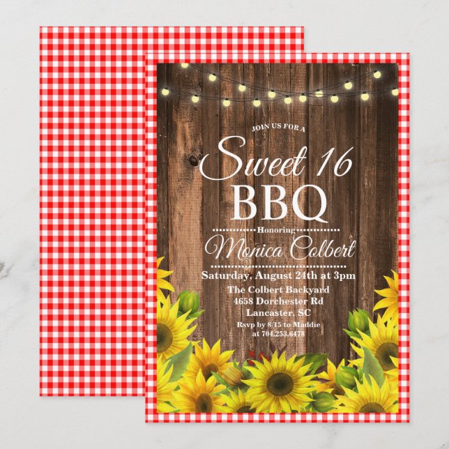 Rustic Sweet 16 BBQ Sunflower Invitation (Front/Back)