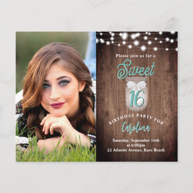 Rustic Sweet 16 Mason Jar Teal Birthday Invite (Front)