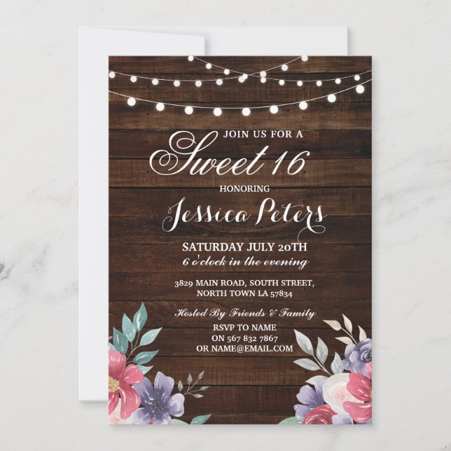 Rustic Sweet 16 Party Floral Pink Flower Invite (Front)