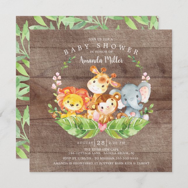Rustic Sweet Jungle Safari Animals Baby Shower Invitation (Front/Back)