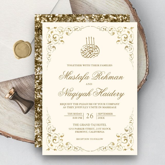 Rustic Swirl Frame Cream and Gold Muslim Wedding Invitation (Creator Uploaded)
