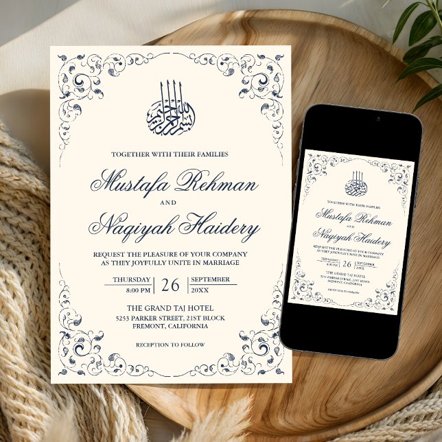 Rustic Swirl Frame Cream Navy Blue Muslim Wedding Invitation (Creator Uploaded)