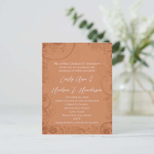 Rustic Swirl Terracotta Wedding  Invitation Postcard (Standing Front)