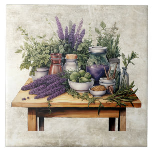 Rustic Table with Herbs Watercolors Tile