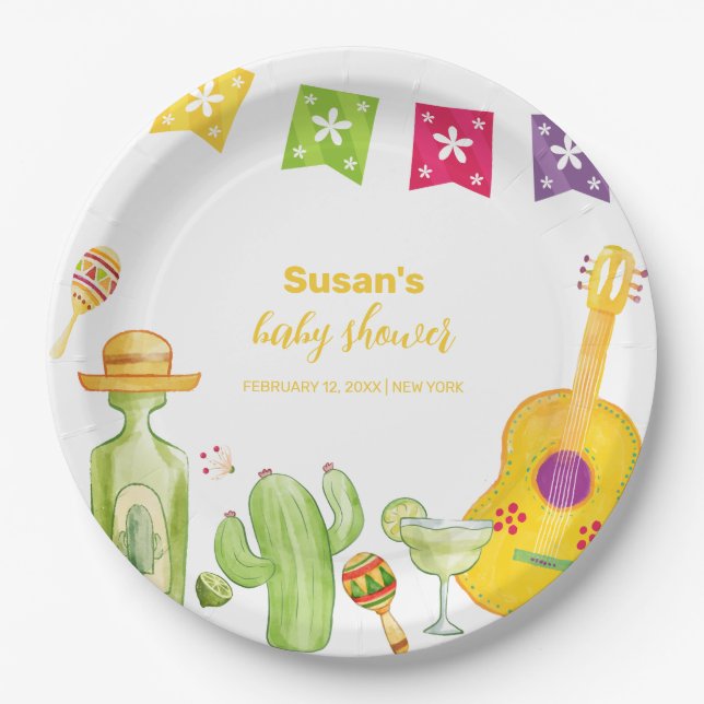 Rustic Taco 'Bout Cactus Lime Guitar Baby Shower Paper Plate (Front)
