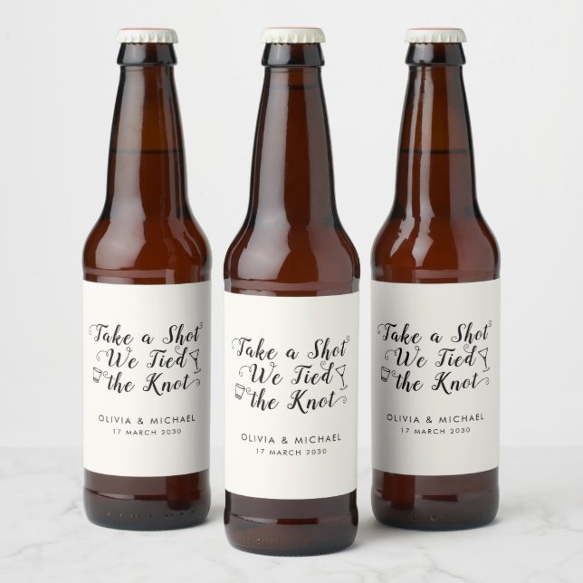 Rustic Take A Shot Tied the Knot Wedding Drink Beer Bottle Label (Bottles)
