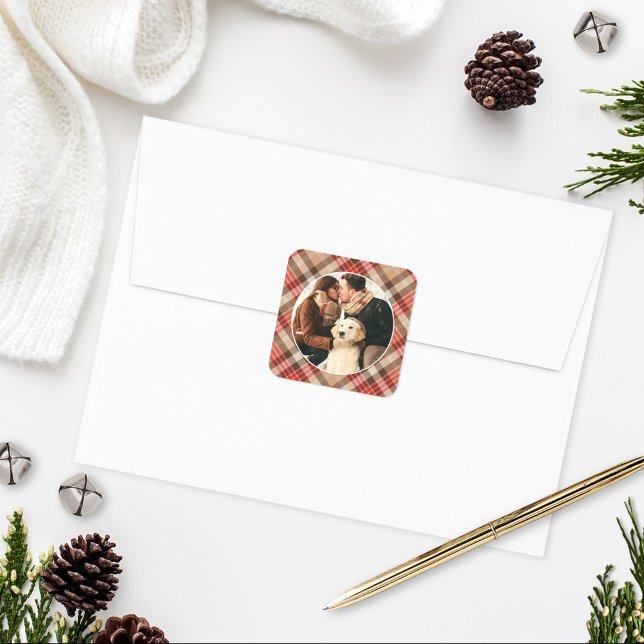 Rustic Tan and Red Tartan Plaid Christmas Photo Square Sticker (Creator Uploaded)
