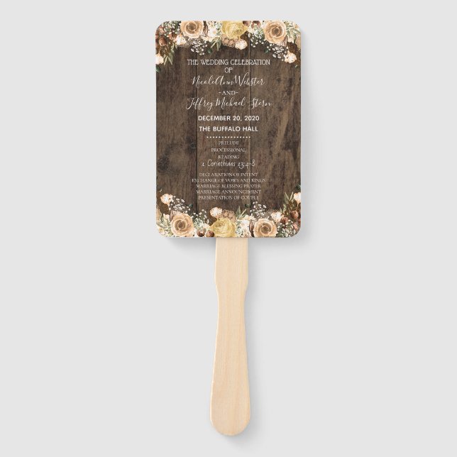 Rustic Tan Bird Wood Country Wedding Program Hand Fan (Front)