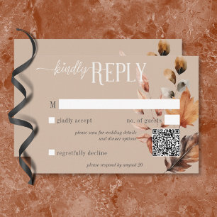 Rustic Tan Cream & Brown Fall Floral QR Code RSVP Card