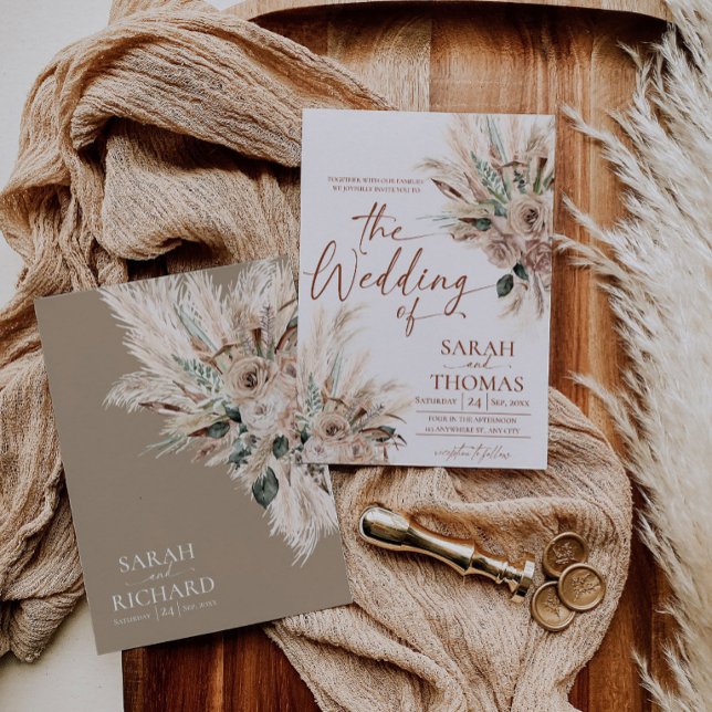 Rustic Tan Fall Boho Wedding Invitation Card (Desert Fall Wedding Invite Template Printable | Neutral Beige Terracotta Pampas)
