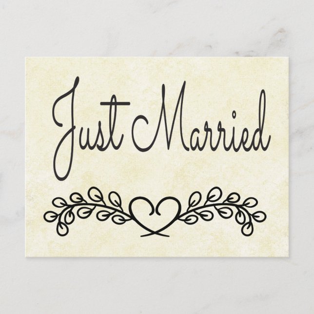 Rustic Tan Just Married Black Heart Laurel Wedding Announcement Postcard (Front)