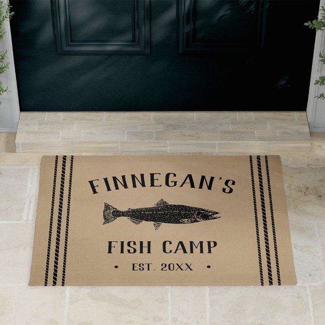 Rustic Tan Personalized Fishing Cabin Doormat (Creator Uploaded)
