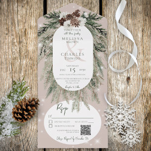 Rustic Tan Pine Winter Sparkle QR Code All In One Invitation