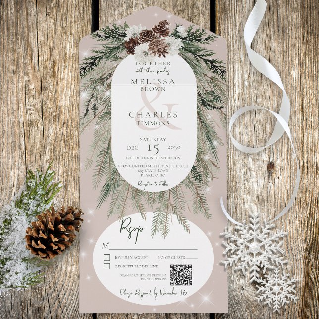 Rustic Tan Pine Winter Sparkle QR Code All In One Invitation (Creator Uploaded)