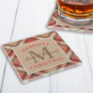 Rustic Tan Red Tartan Plaid Christmas Monogram Glass Coaster
