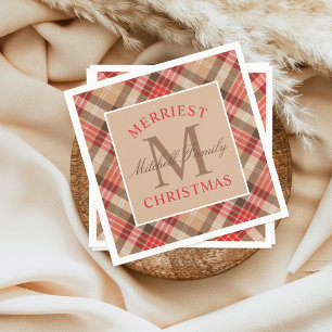 Rustic Tan Red Tartan Plaid Merriest Christmas Napkin