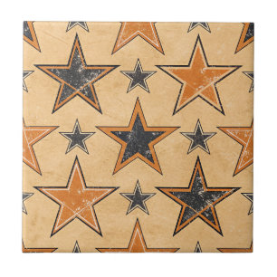 Rustic Tan Star Print with Black Orange Accents Tile
