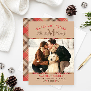 Rustic Tan Tartan Plaid Christmas Monogram Photo Holiday Card