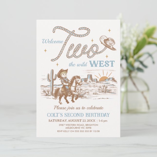 Rustic Tan Welcome Two The Wild West 2nd Birthday Invitation (Standing Front)