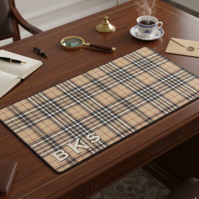 Rustic Tan White & Black Tartan Plaid Monogram Desk Mat (Creator Uploaded)