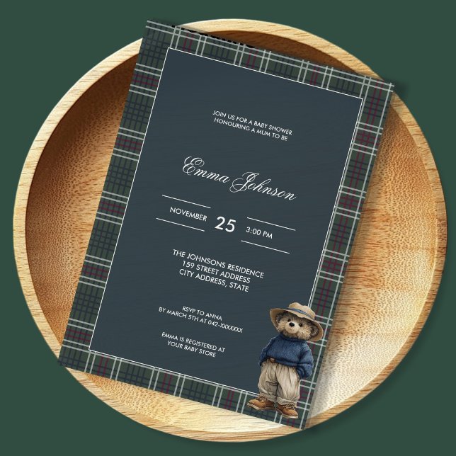 Rustic Tartan Bear Baby Shower Invitation (Creator Uploaded)
