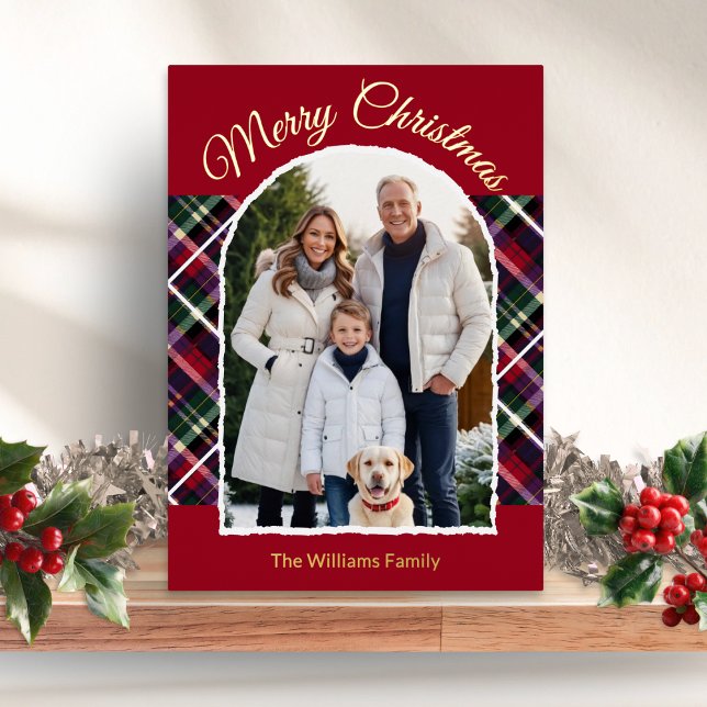 Rustic Tartan Plaid Arch Photo Merry Christmas (A Christmas card personalized with your photo and name(s), with gold foil detail and tartan)