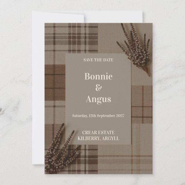 Rustic Tartan Plaid Heather Save the Date Card | S (Front)